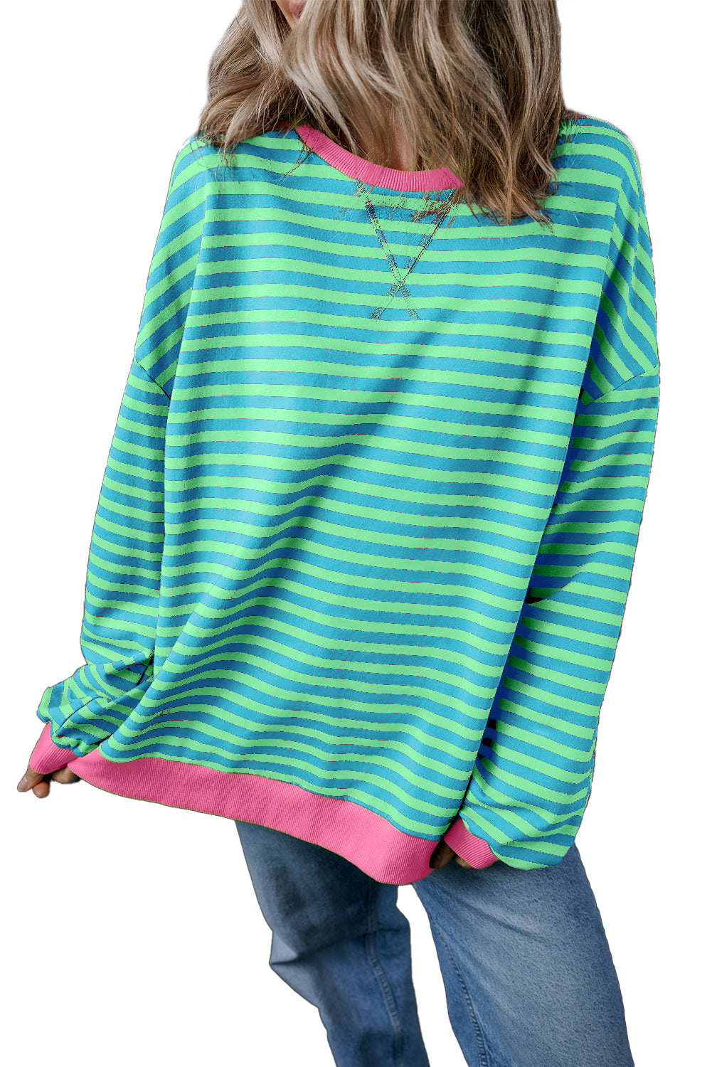 Green Stripe Contrast Edge Oversized Sweatshirt