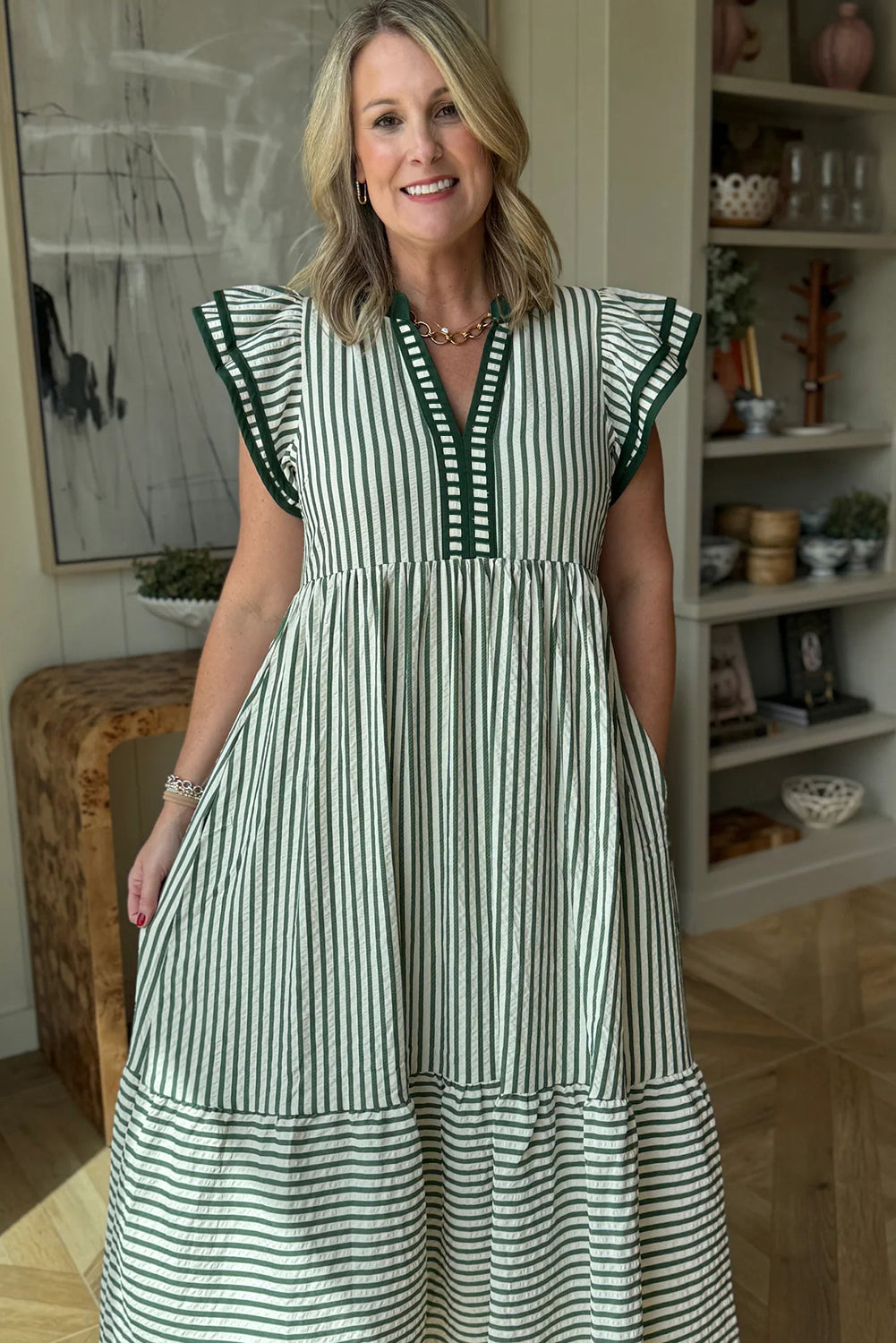 Black Stripe Double Ruffled Short Sleeve Contrast Trim V Neck Midi Dress