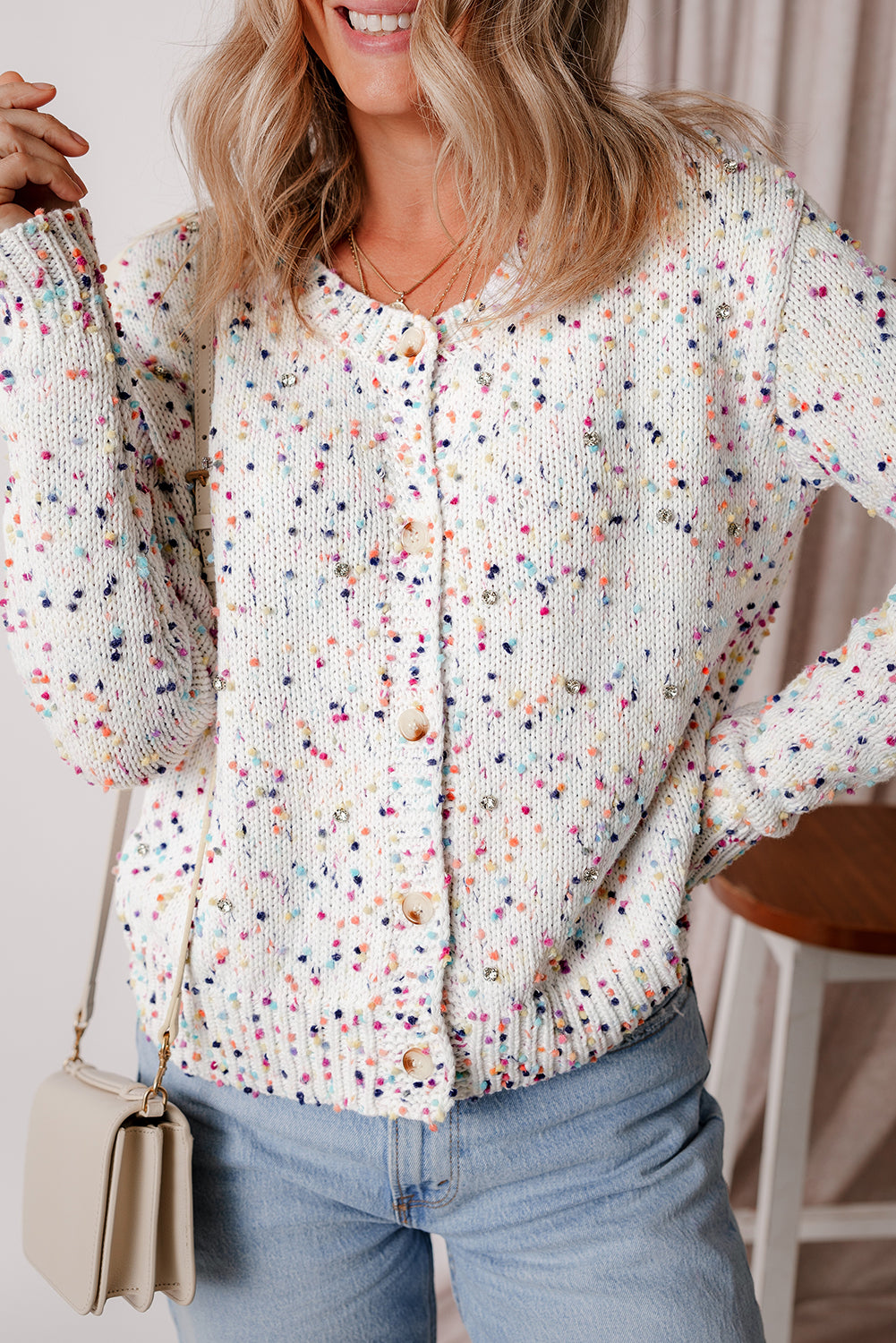 White Confetti Knit Bedazzled Cropped Cardigan