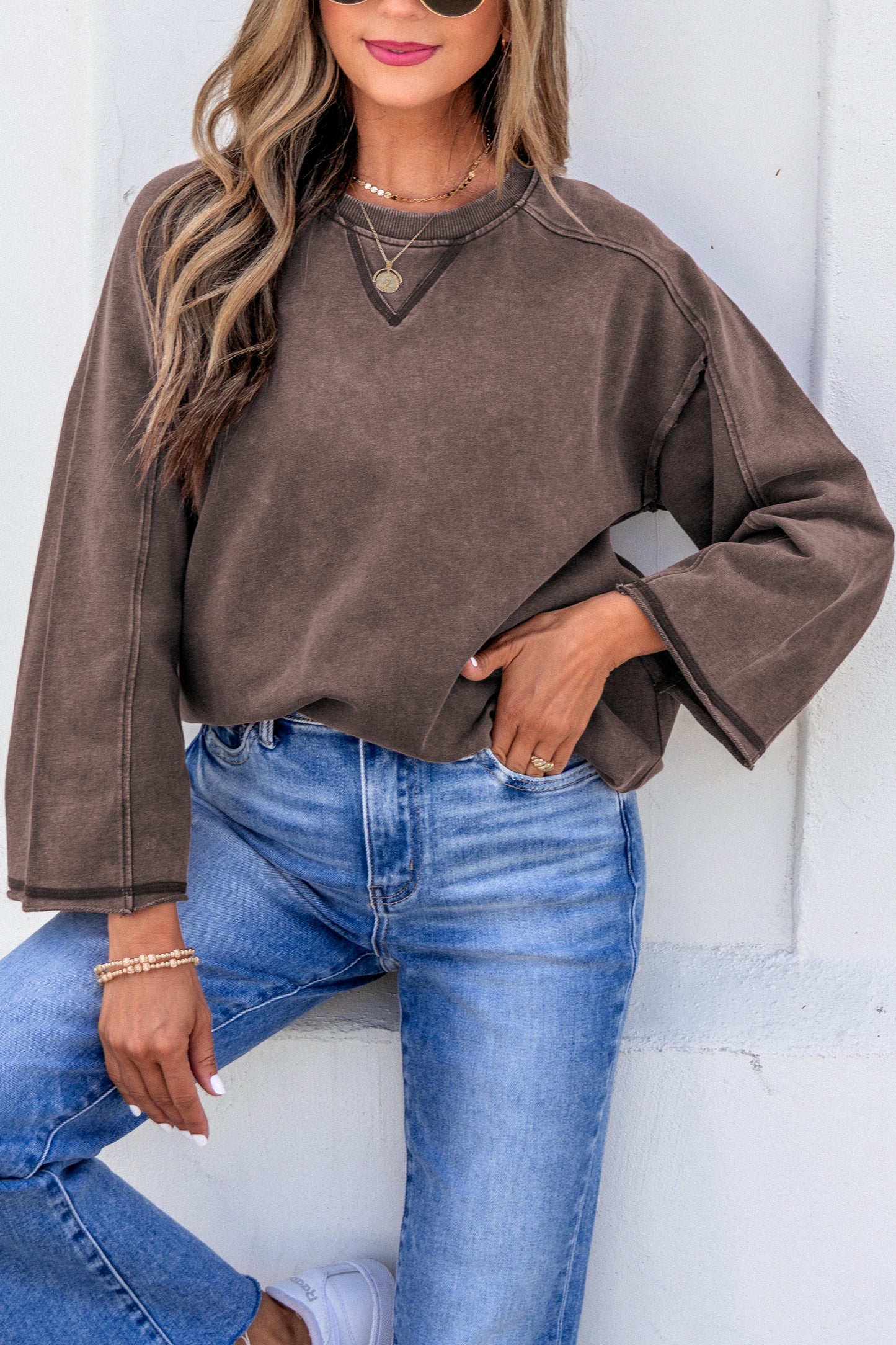 Dark Brown 3/4 Sleeve Mineral Wash Loose Cotton Top