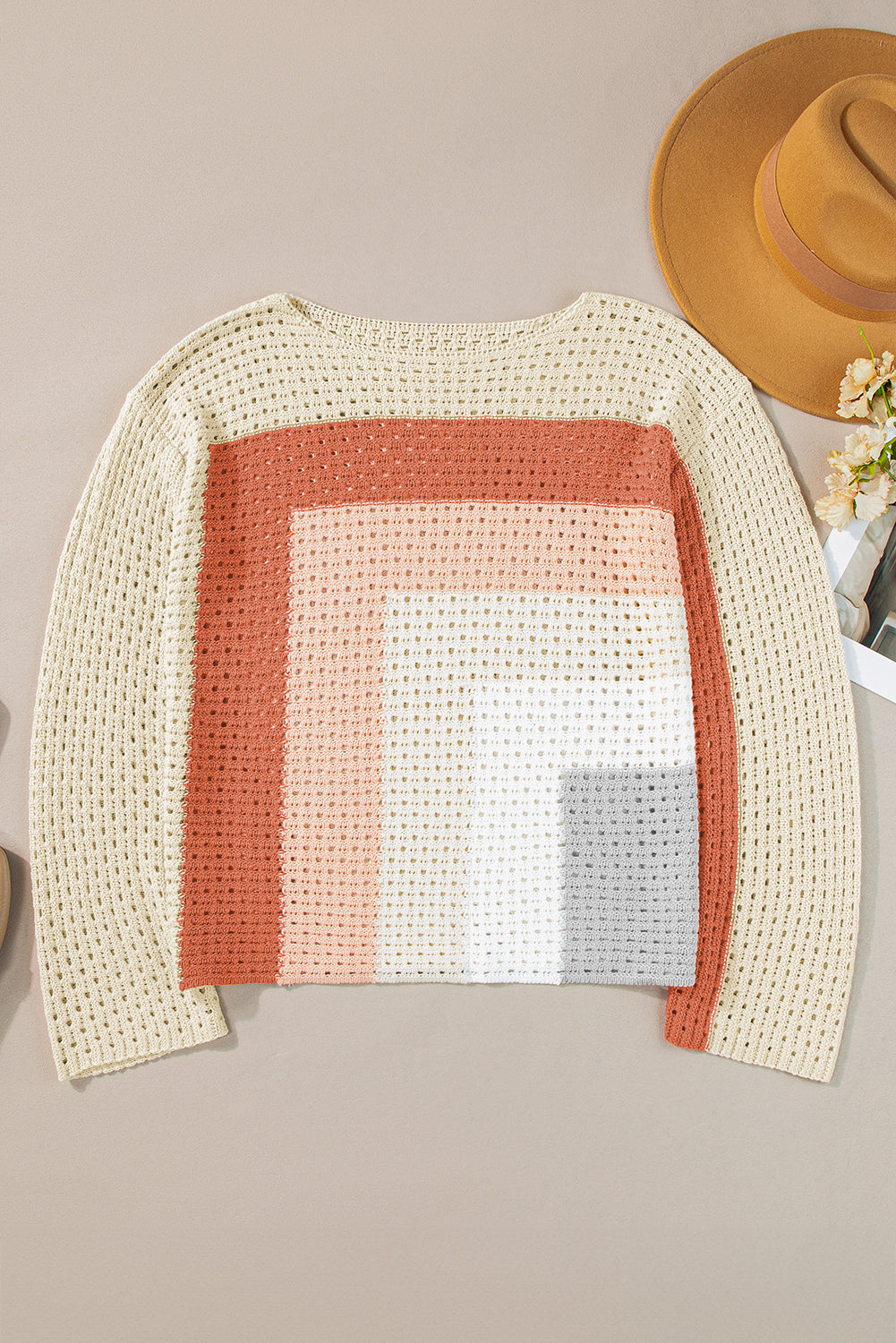 Apricot Pointelle Knit Colorblock Baggy Long Sleeve Top