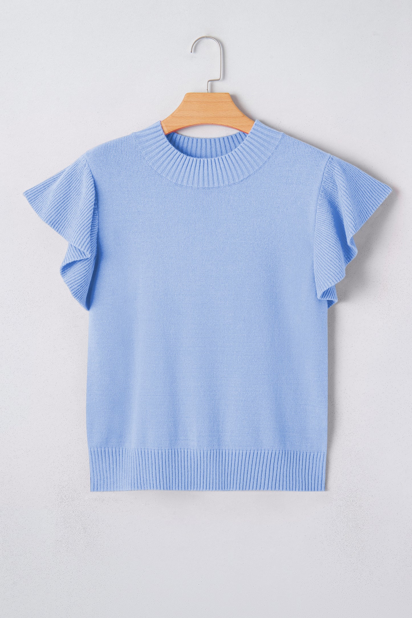 Sachet Pink Solid Color Ribbed Trim Round Neck Ruffle Short Sleeve Sweater