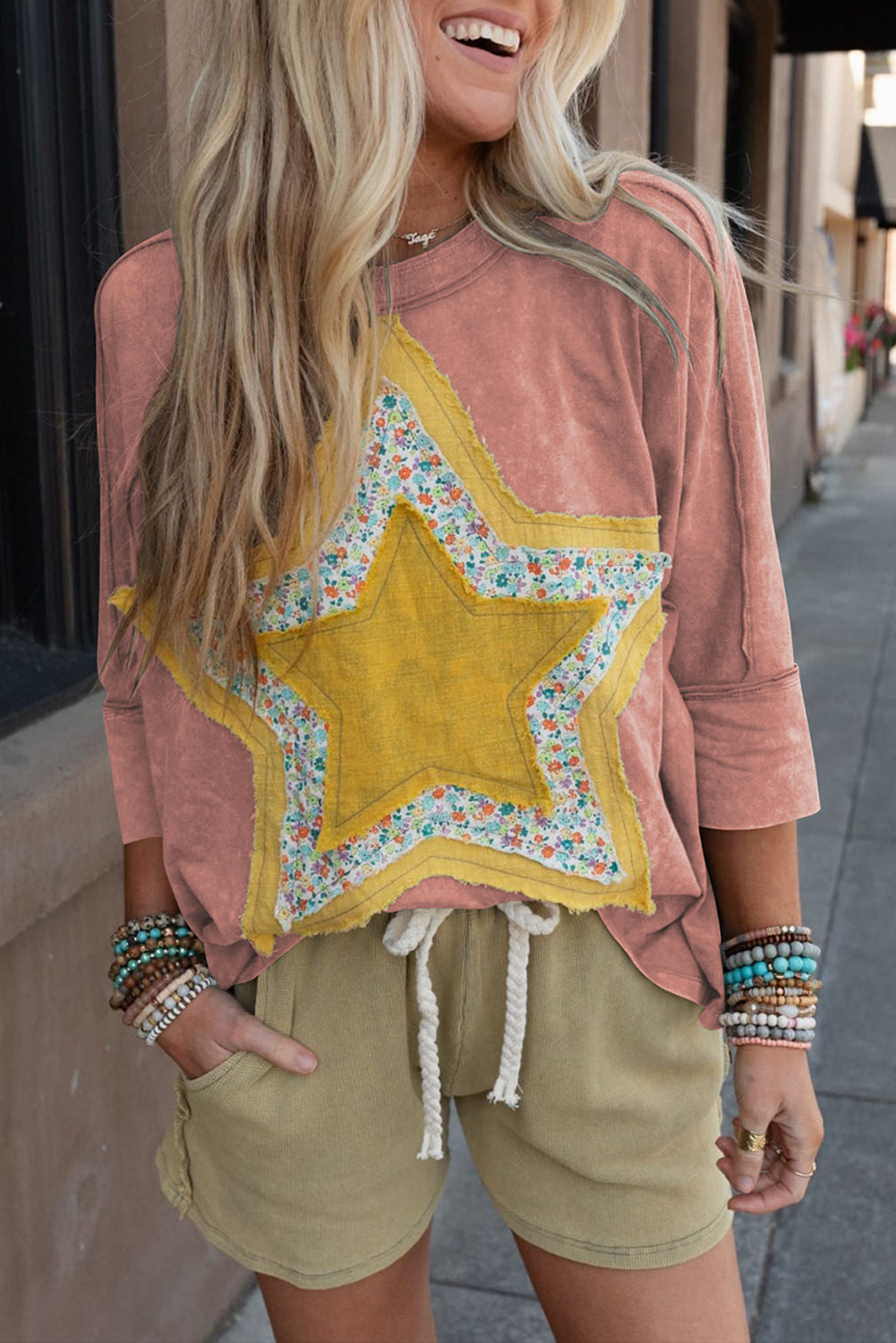 Medium Grey Floral Star Patched Exposed Seam Mineral Wash Top