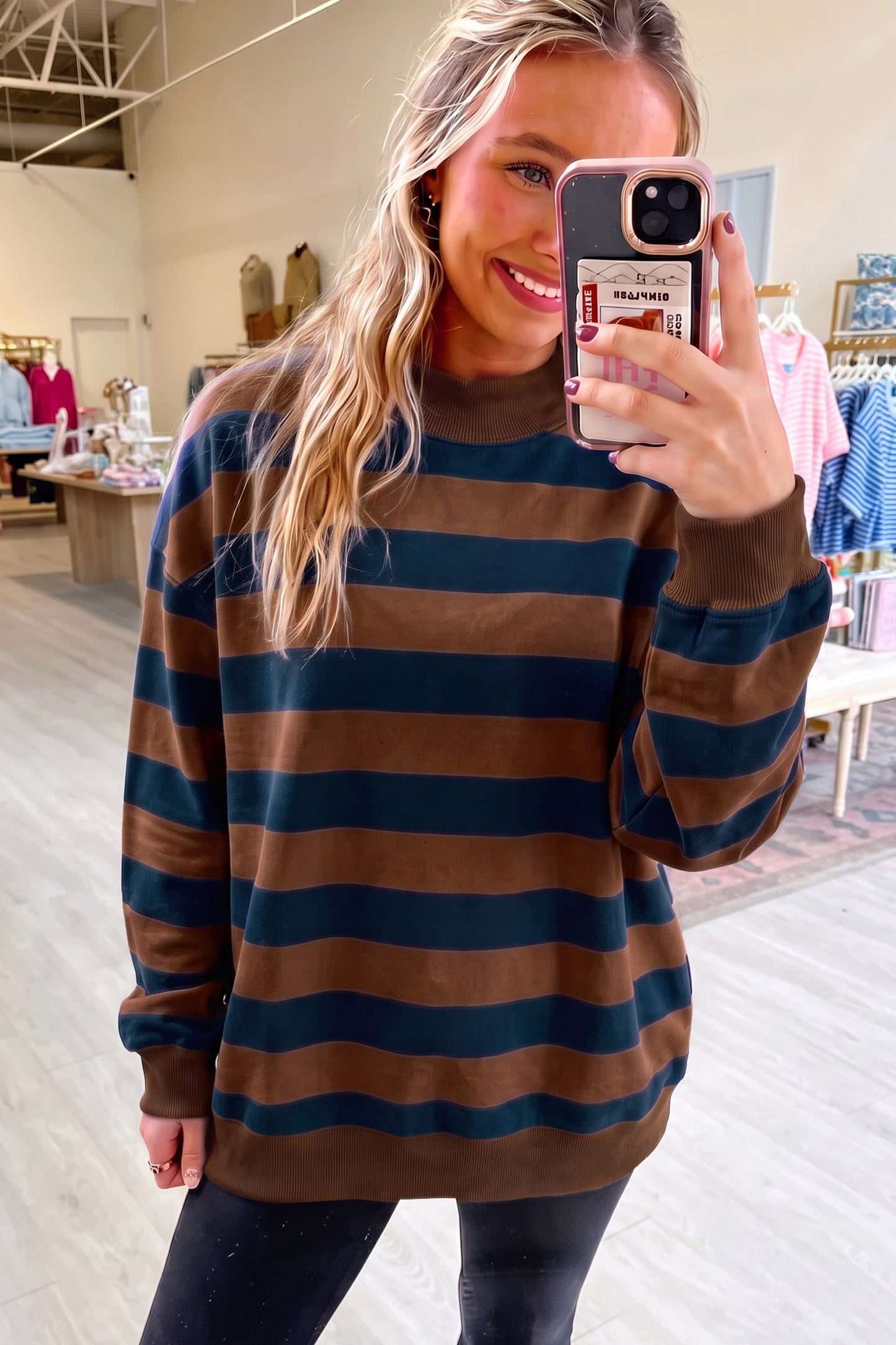 Rose Stripe Colorblock Mock Neck Relaxed Sweatshirt