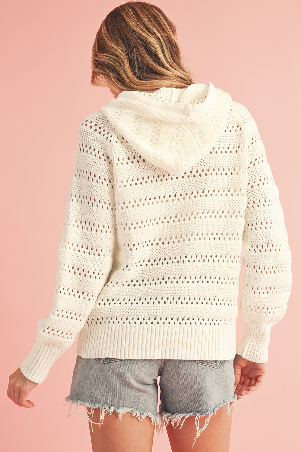 White Pointelle Knit Raglan Sleeve Drawstring Hooded Sweater