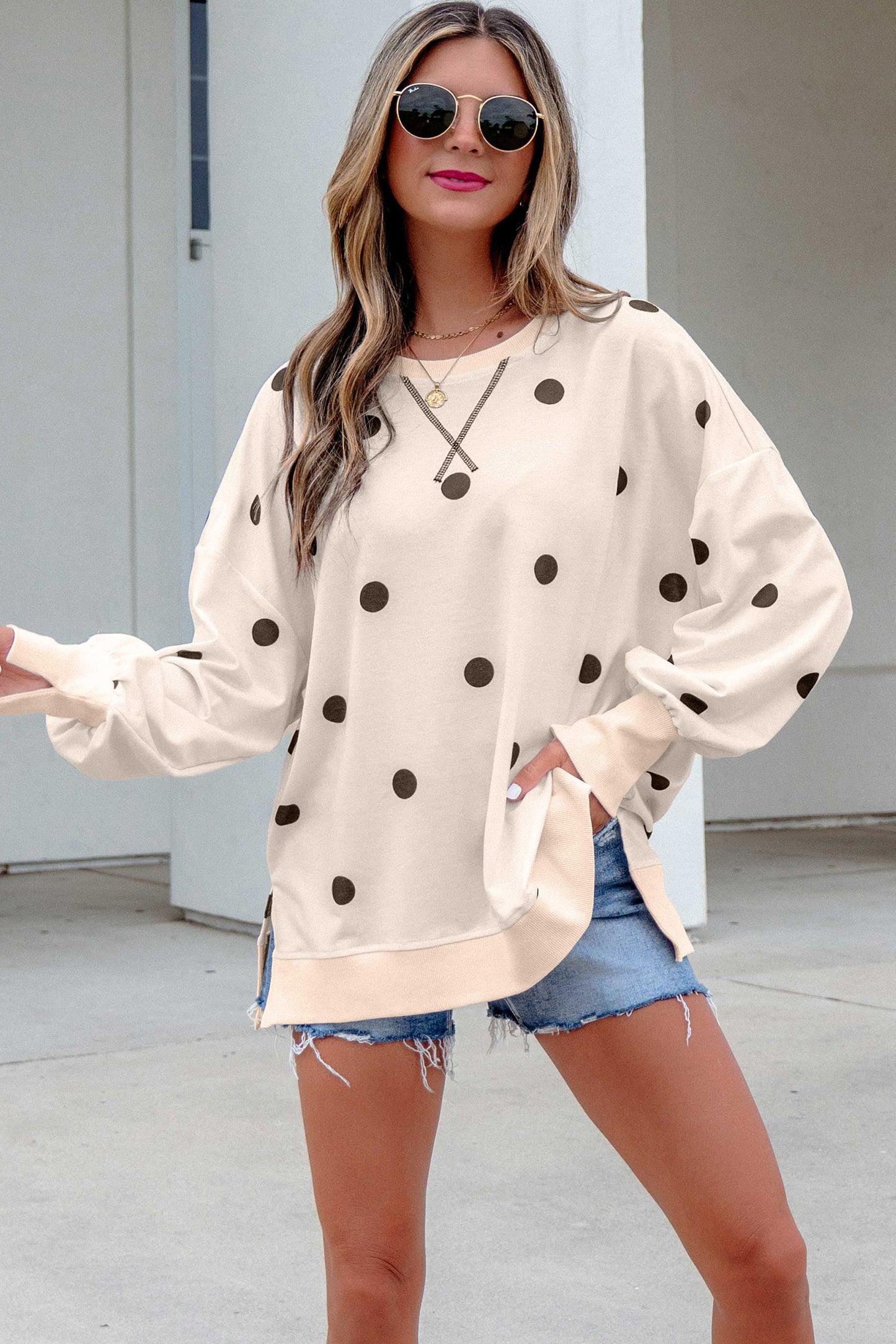 Yellow Polka Dot Loose Long Sleeve Split Hem Pullover Top