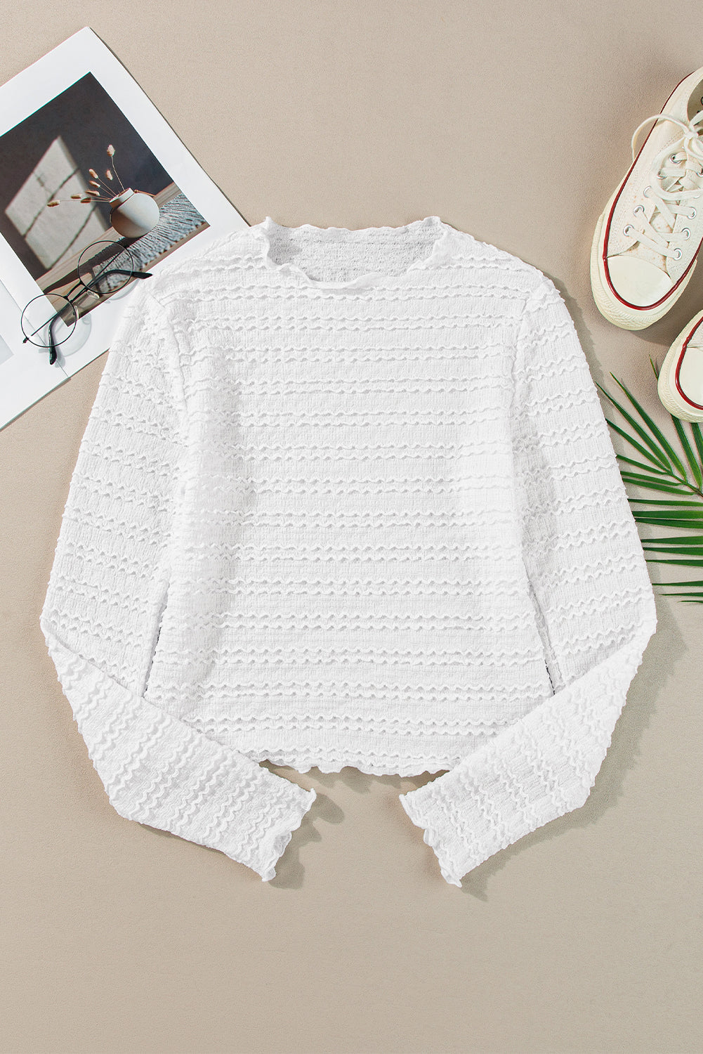 White Crinkle Jacquard Slim Fit Long Sleeve Top