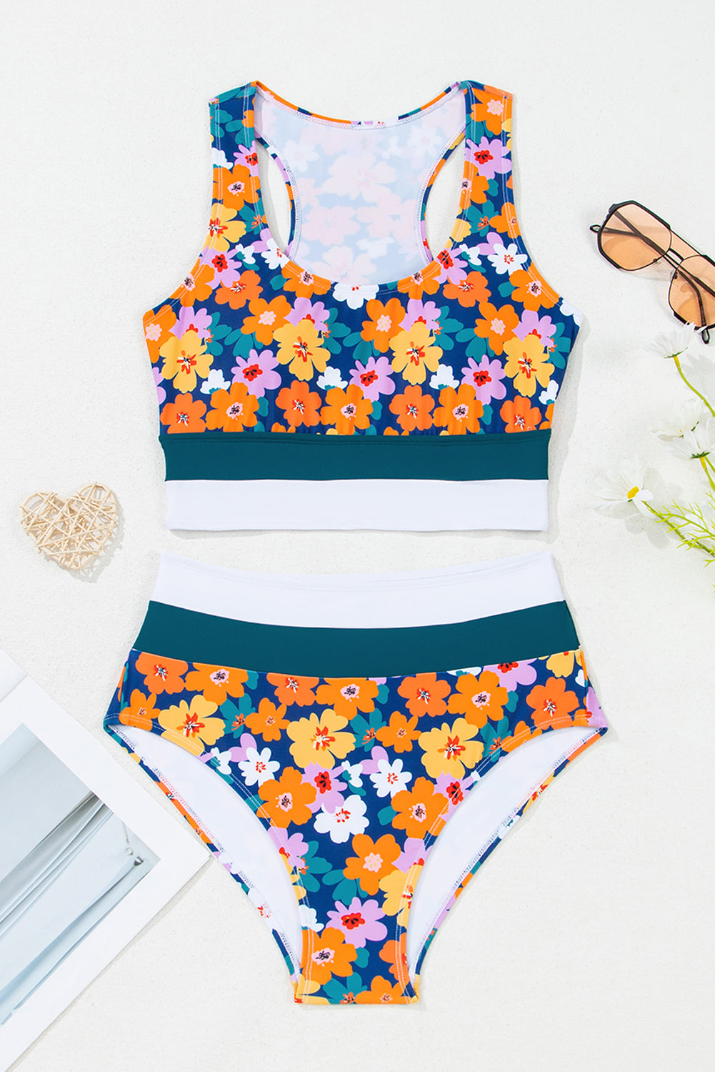 Green Floral Print Racerback High Waist Bikini Swimwear