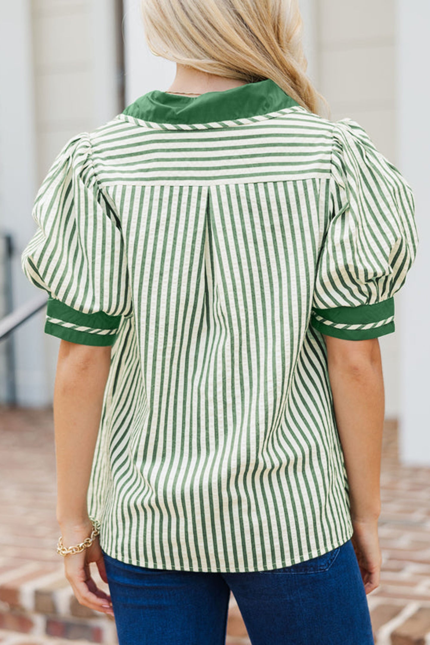Black Stripe Collared Split Neck Short Bubble Sleeve Blouse