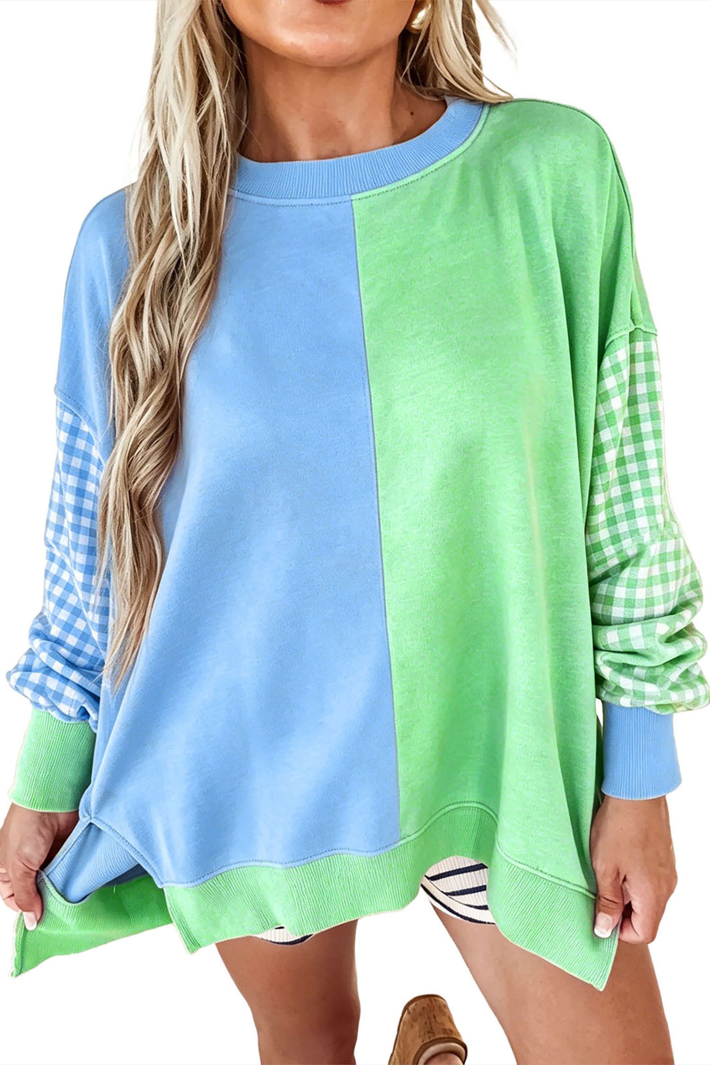 Rose Red Colorblock Gingham Sleeve Crewneck Sweatshirt