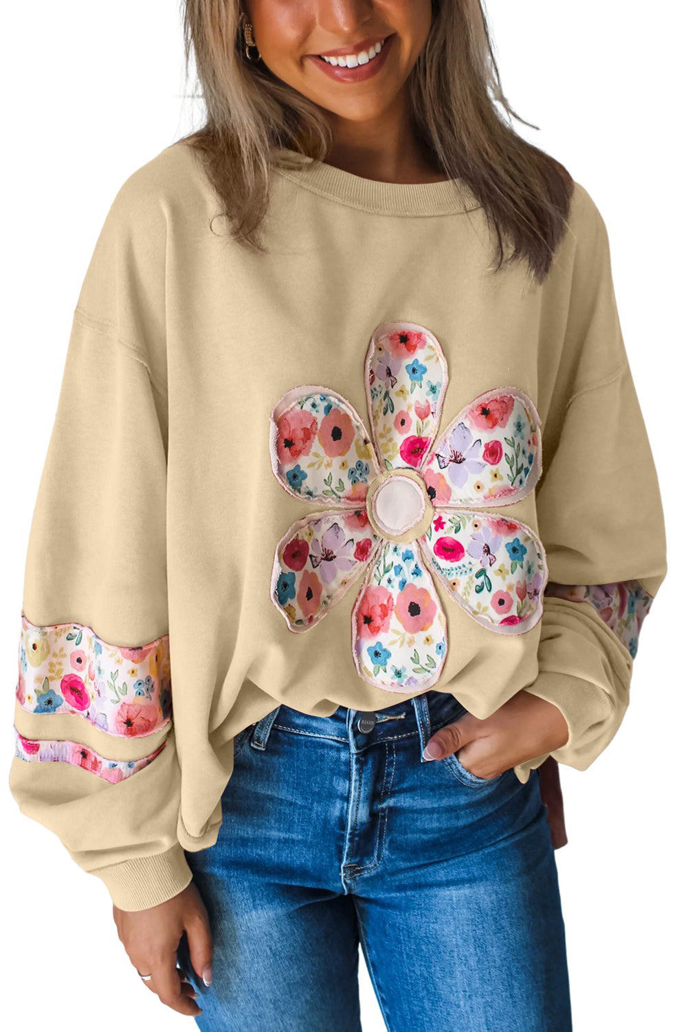 Wisteria Flower Applique Patchwork Drop Sleeve Pullover Sweatshirt