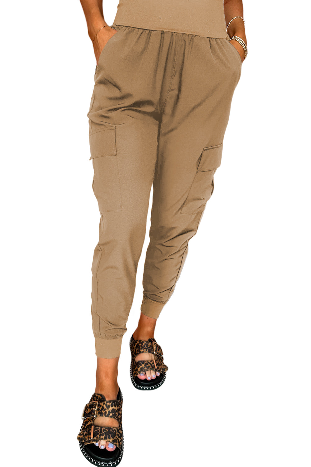 Black Elastic High Waist Pocketed Cargo Jogger Pants