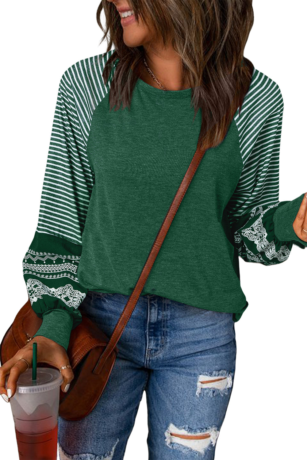 Mineral Red Contrast Print Striped Raglan Long Sleeve Loose Top