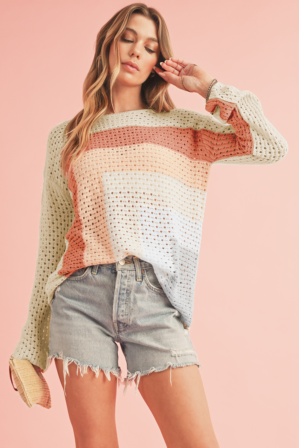 Apricot Pointelle Knit Colorblock Baggy Long Sleeve Top