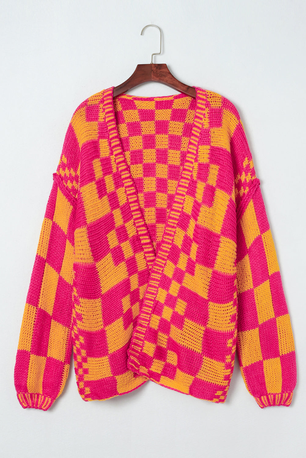 Smoke Gray Colorblock Checked Open Front Knitted Cardigan