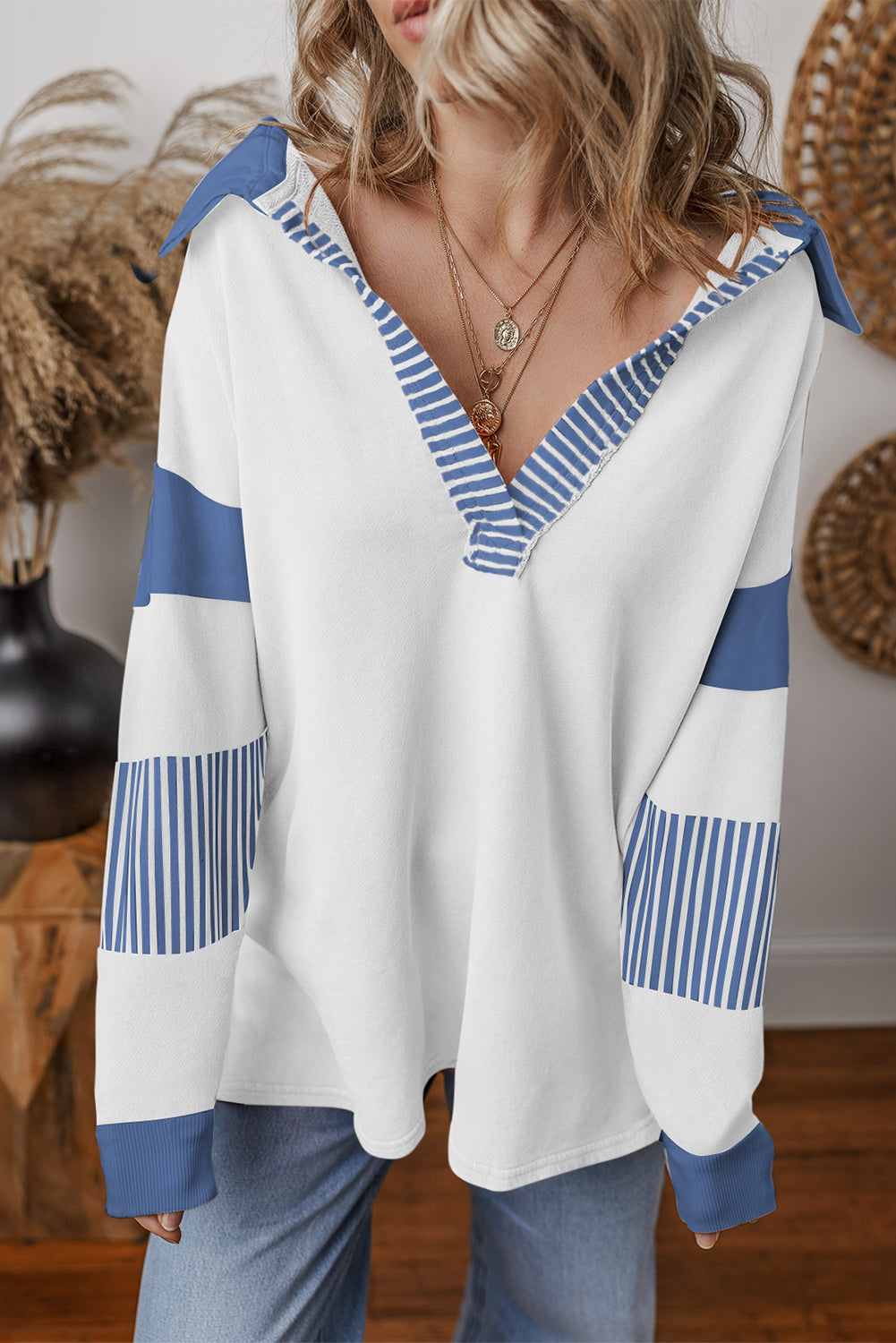 Black Striped Patchwork Collar Sweatshirt