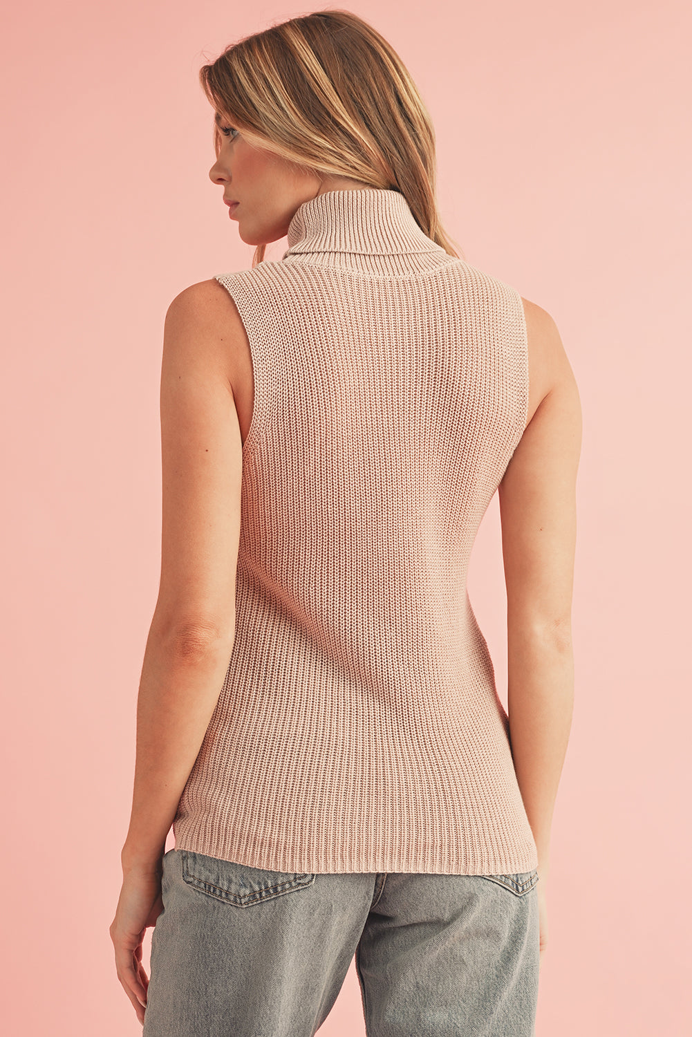 Oatmeal Solid Color Turtleneck Knit Tank Top