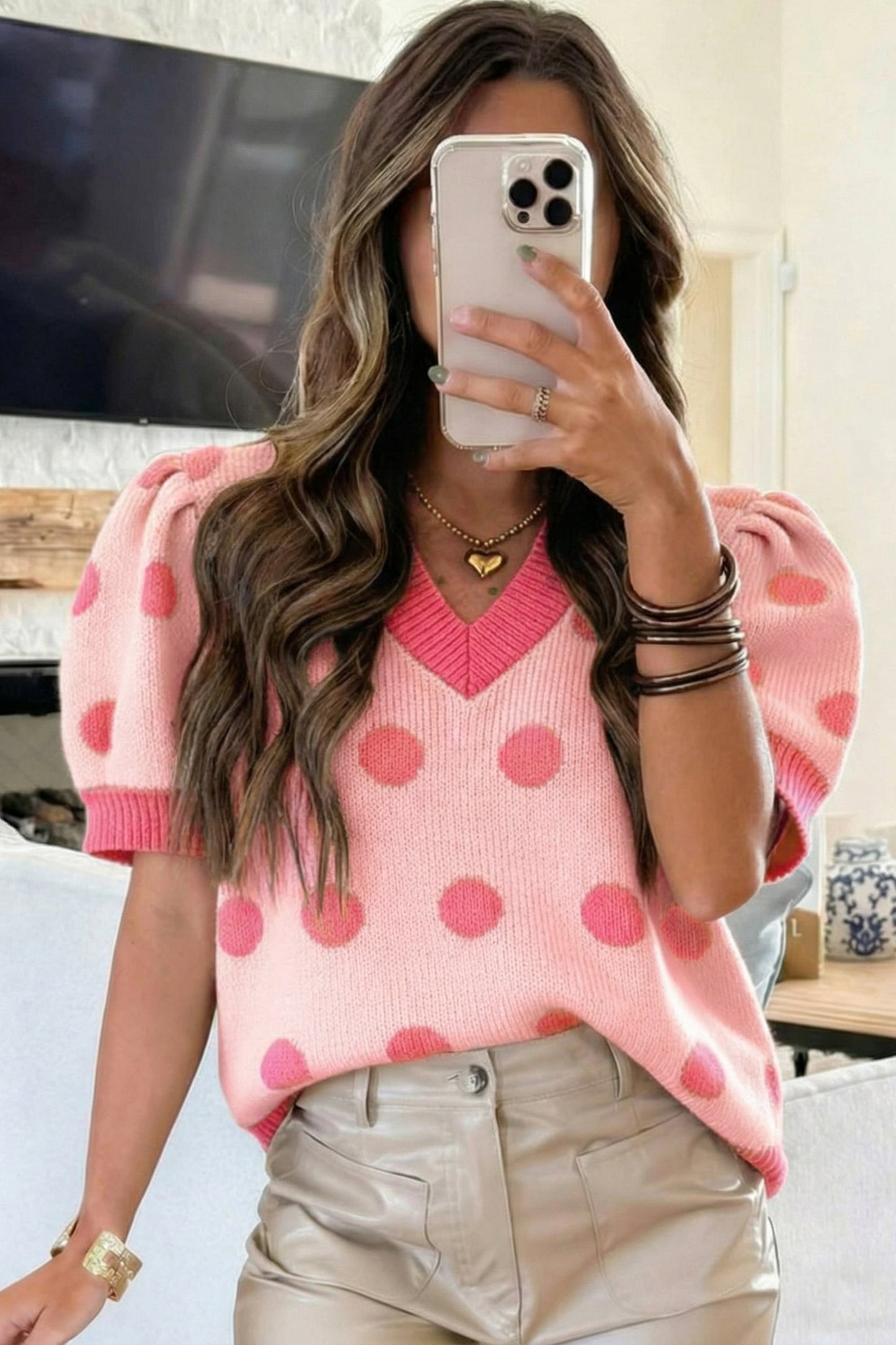 Light Blue Polka Dot Puff Short Sleeve Sweater Top