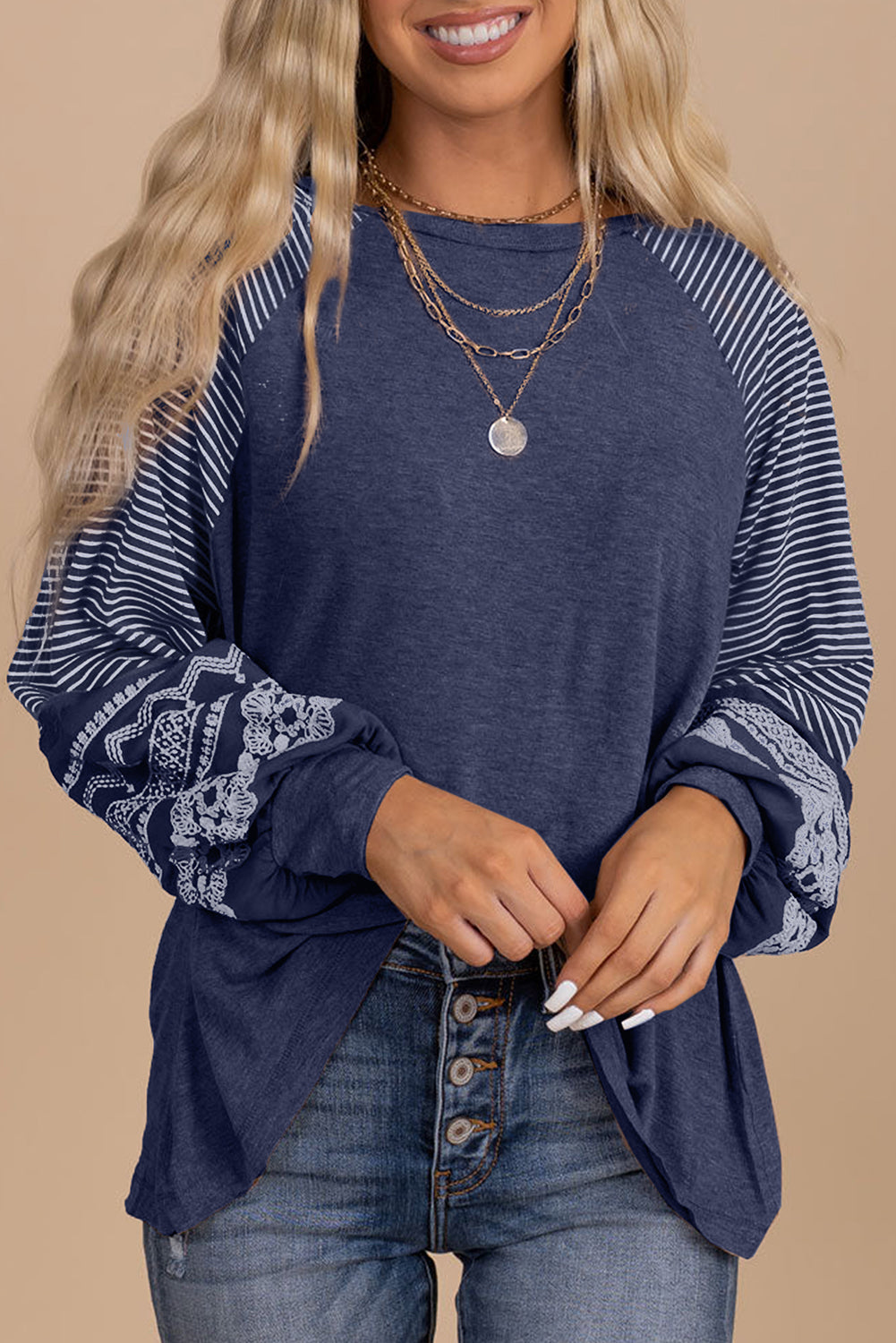 Mineral Red Contrast Print Striped Raglan Long Sleeve Loose Top