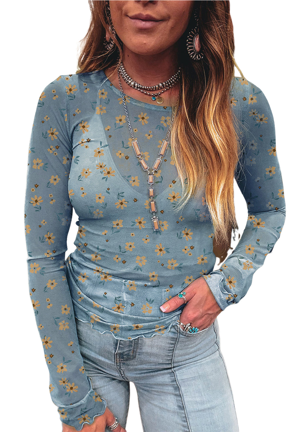 Laurel Green Floral Print Mesh Slim Fit Long Sleeve Top