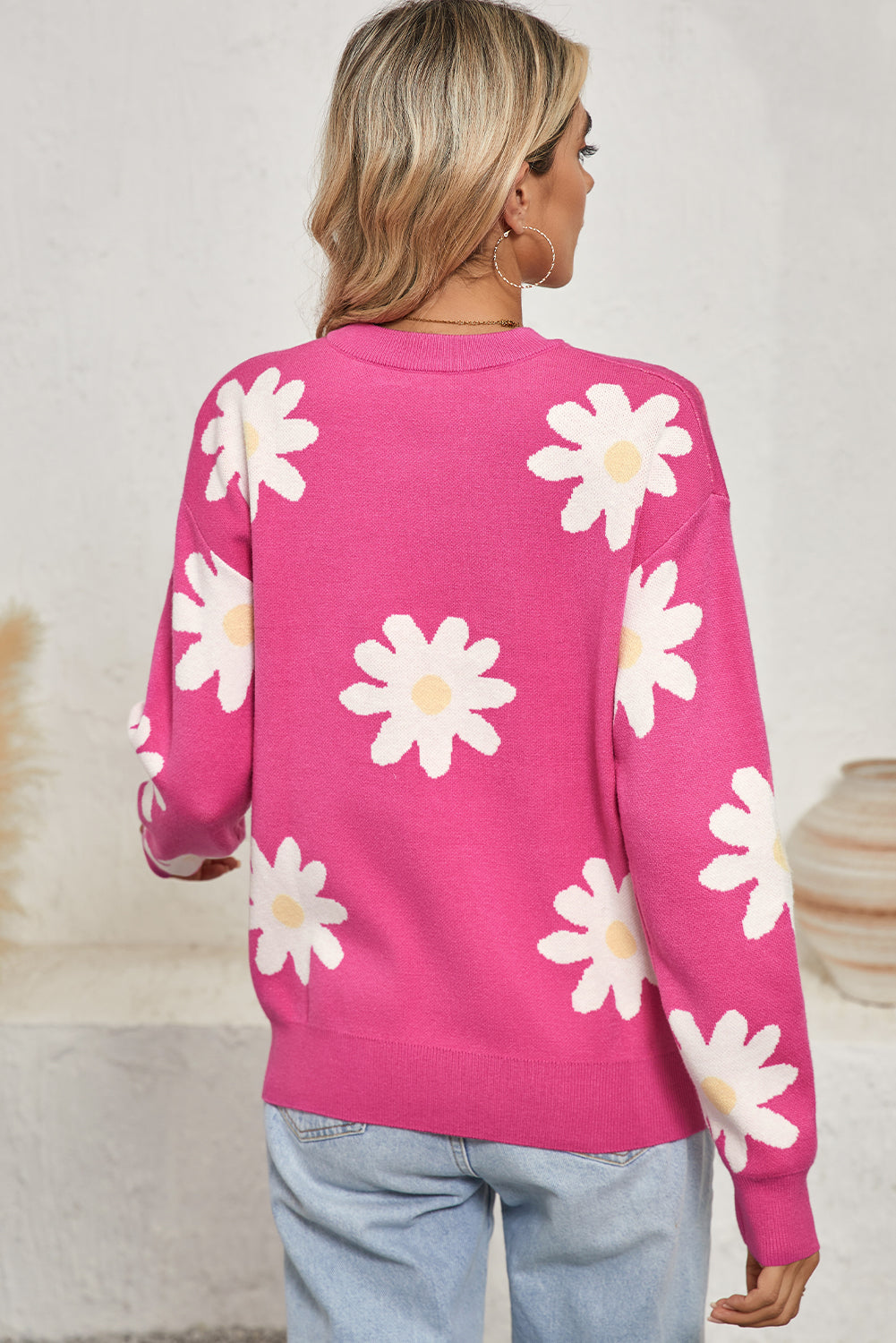 Bright Pink Daisy Ribbed Hem Sweater