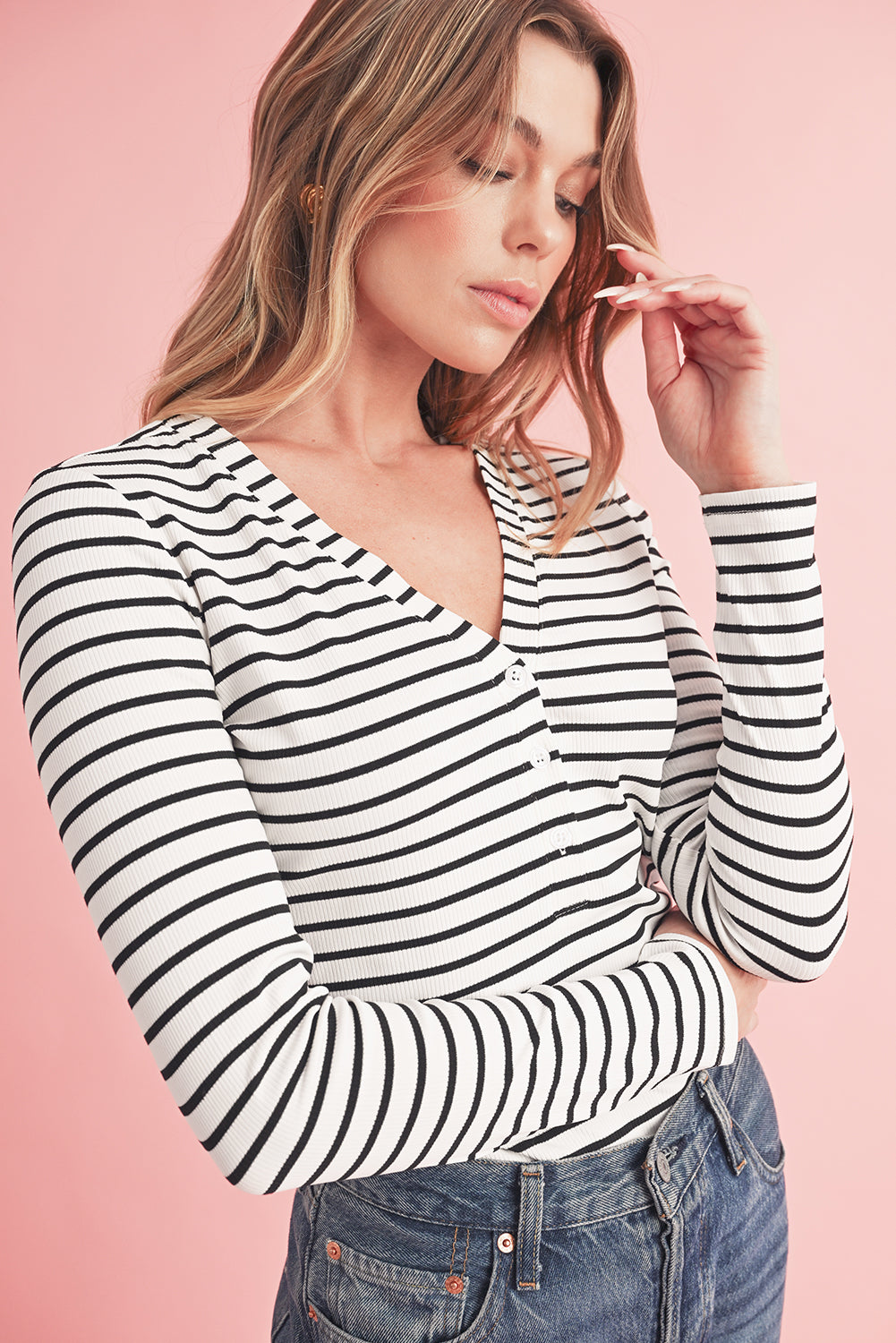 White Stripe Slim Fit Buttoned V Neck Long Sleeve Top