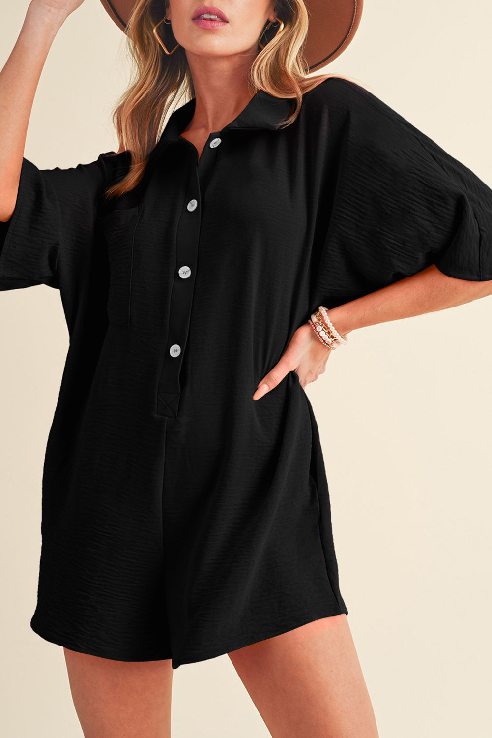 Black Plain Half Button Collared Pocket Loose Romper