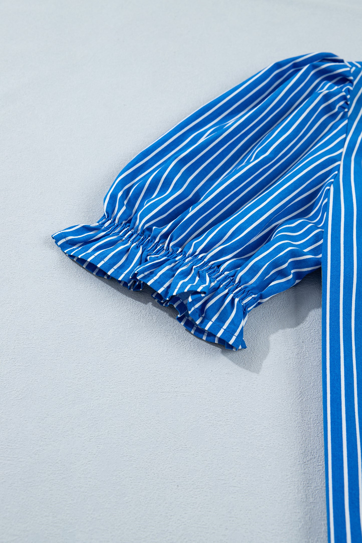 Blue Stripe Ruffled Short Puff Sleeve Button Front Blouse