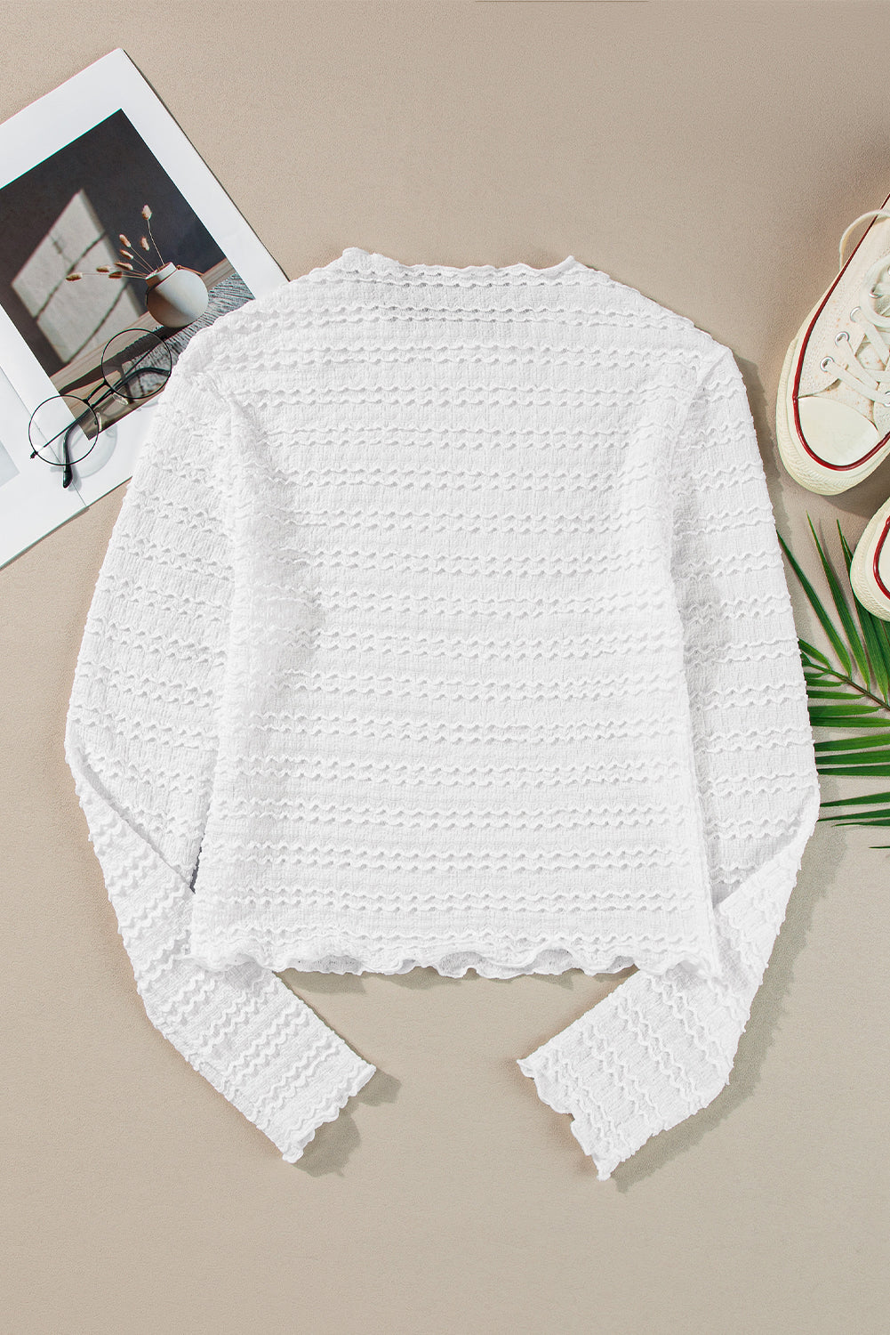 White Crinkle Jacquard Slim Fit Long Sleeve Top