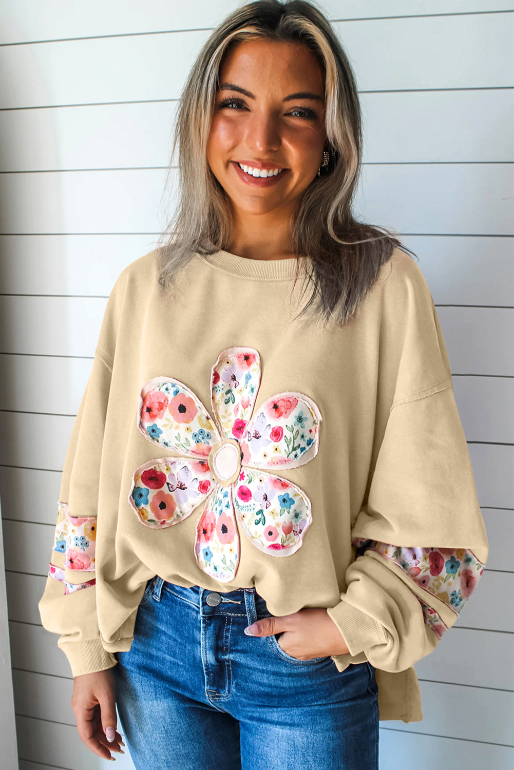 Wisteria Flower Applique Patchwork Drop Sleeve Pullover Sweatshirt