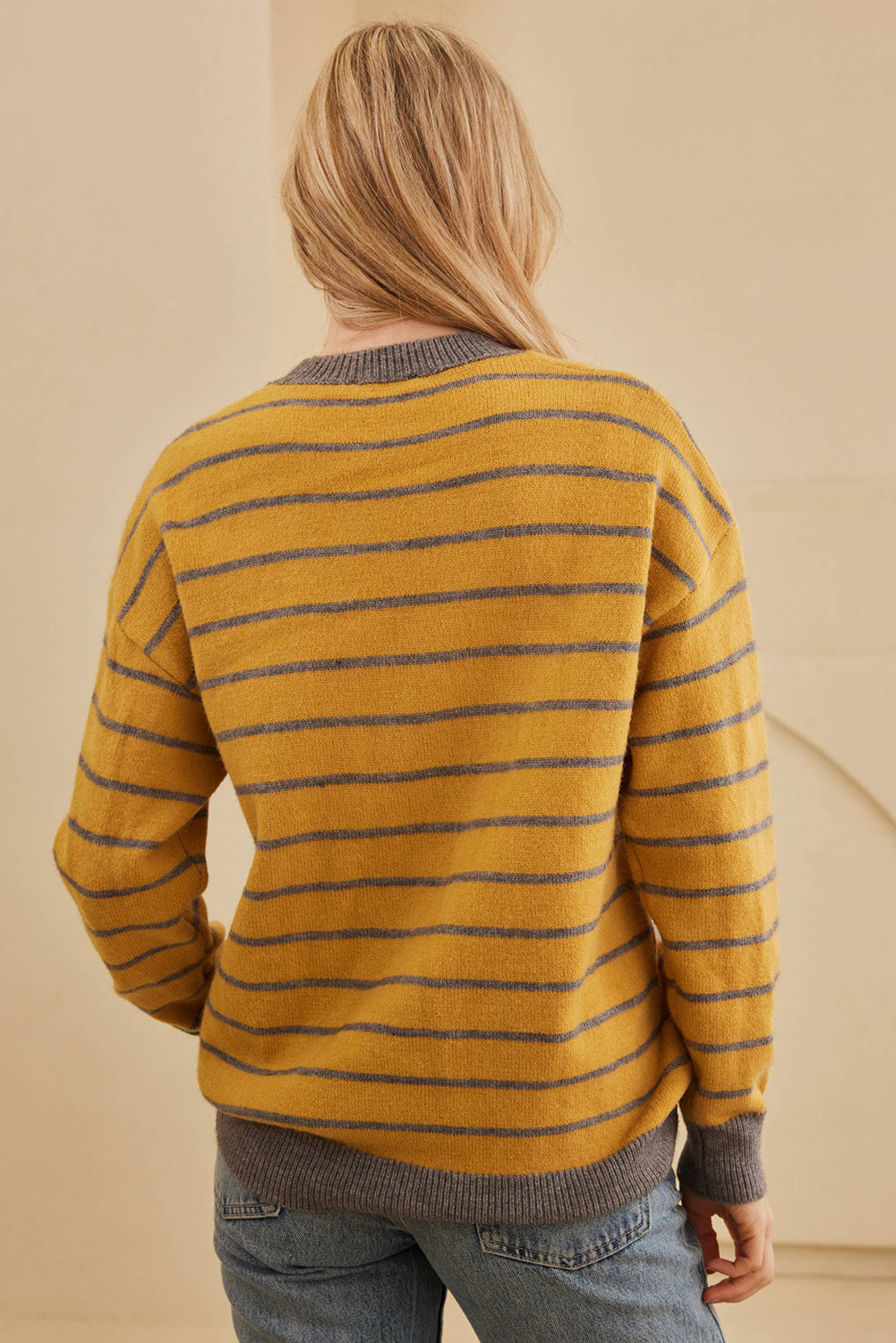 Yellow Striped Daisy Flower Long Sleeve Sweater