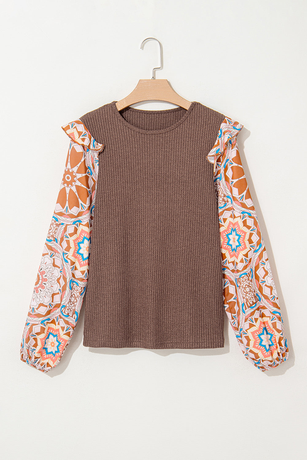 Coffee Ruffle Floral Sleeve Patchwork Waffle Top