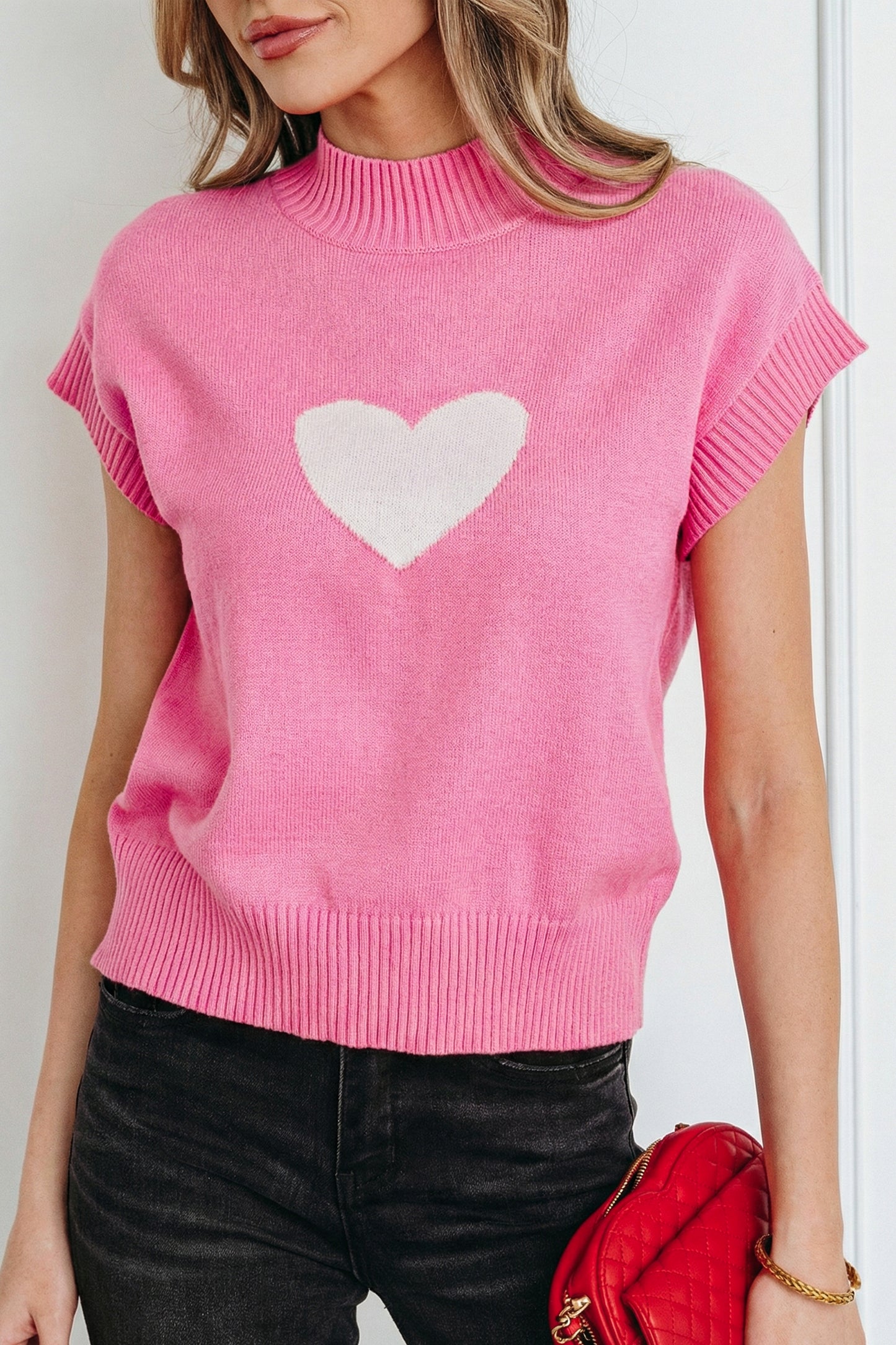 White Valentine Heart Graphic Cropped Short Sleeve Sweater