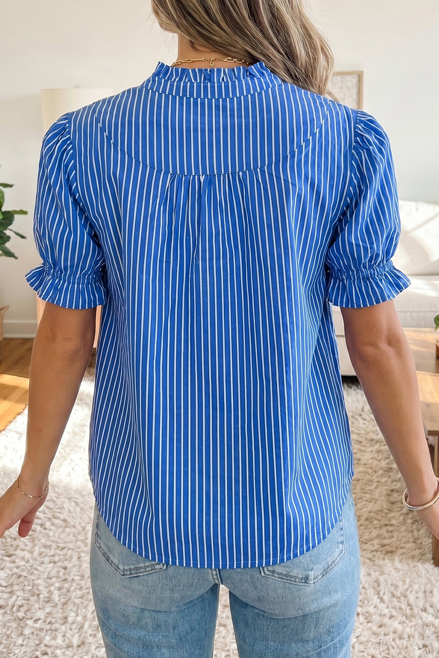 Blue Stripe Ruffled Short Puff Sleeve Button Front Blouse