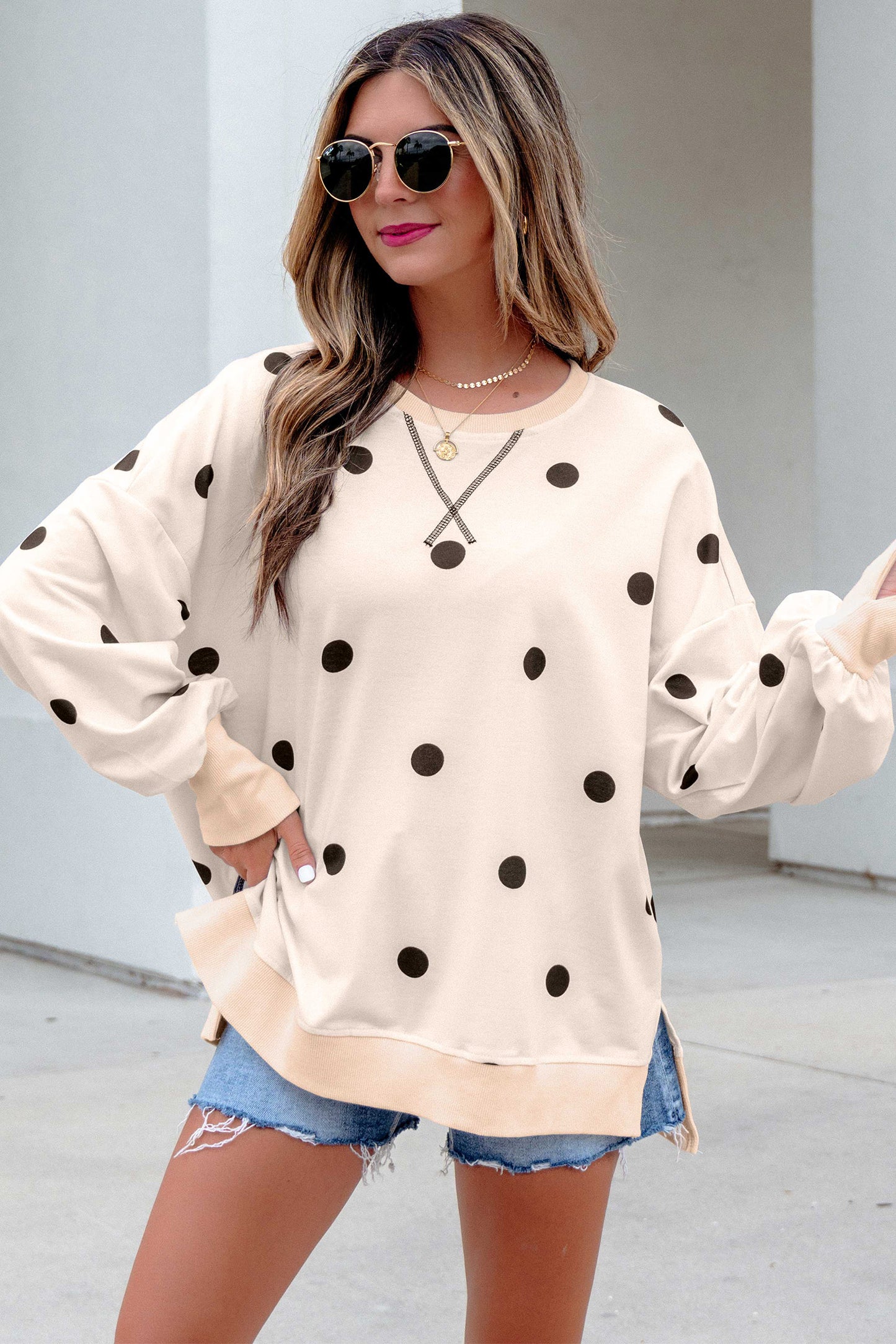 Yellow Polka Dot Loose Long Sleeve Split Hem Pullover Top