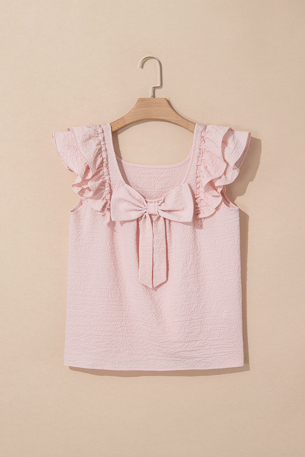 Beau Blue Textured Bow Frilled Ruffle Sleeve Blouse