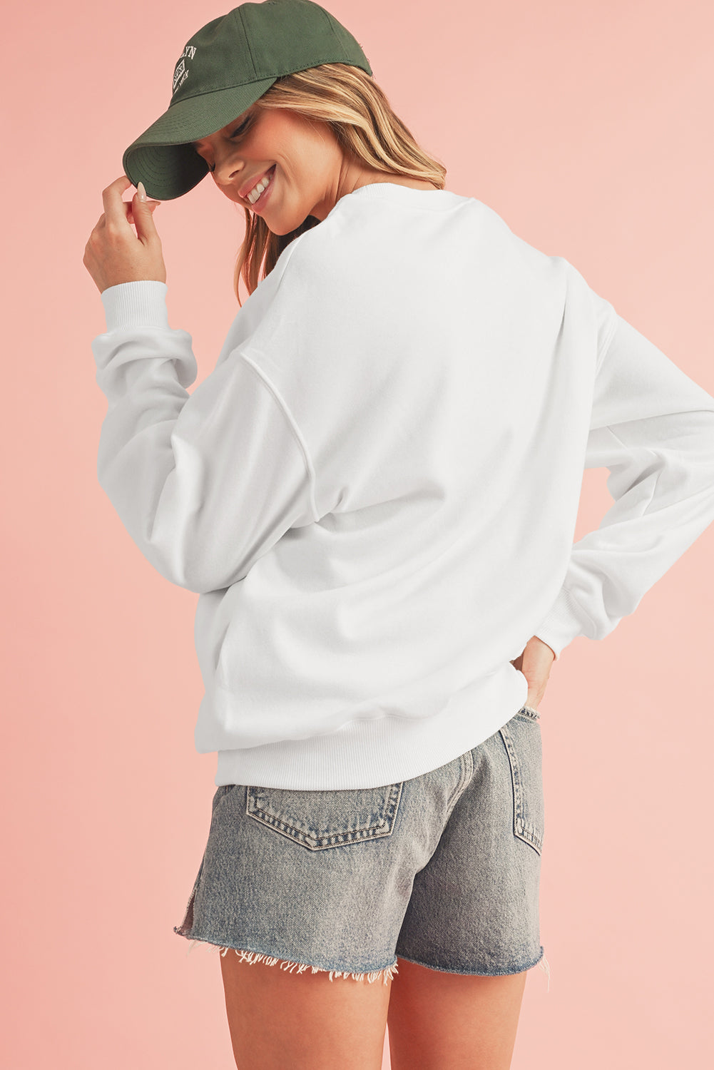 White Solid Loose Crew Neck Fleece Sweatshirt