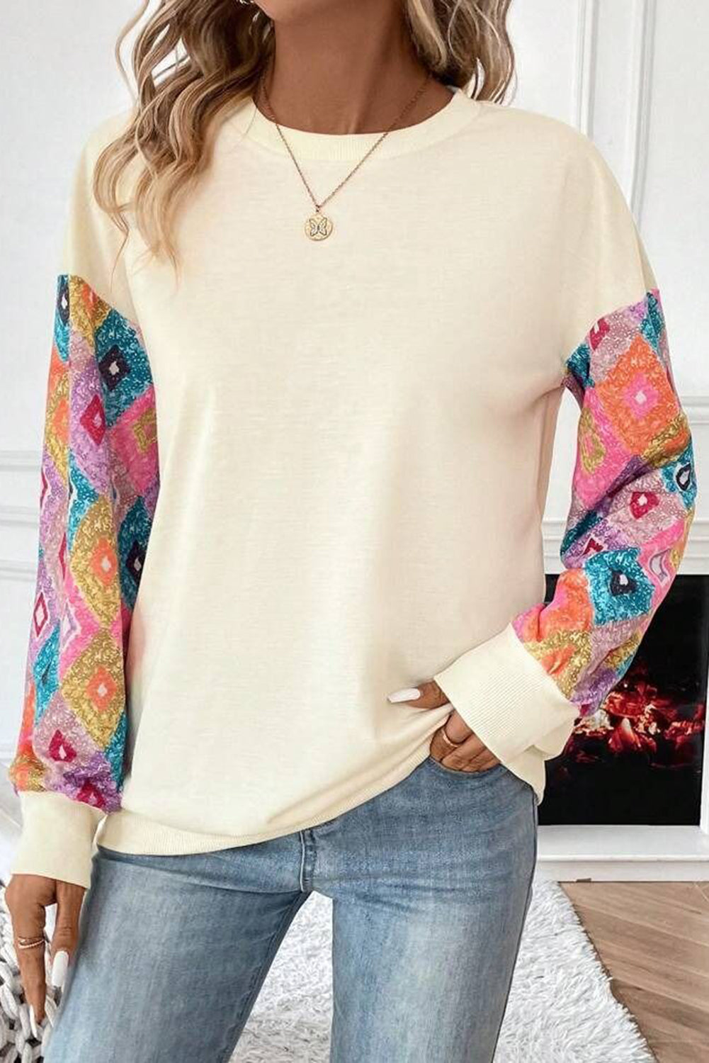 Apricot Ethnic Geometric Patchwork Long Sleeve Round Neck Top