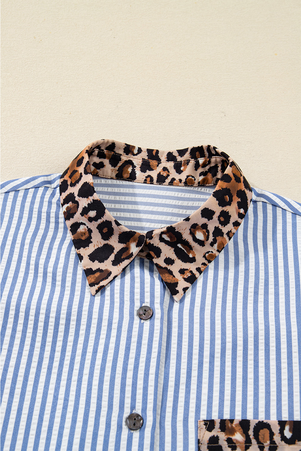 Sky Blue Leopard and Striped Patchwork Button Shirt