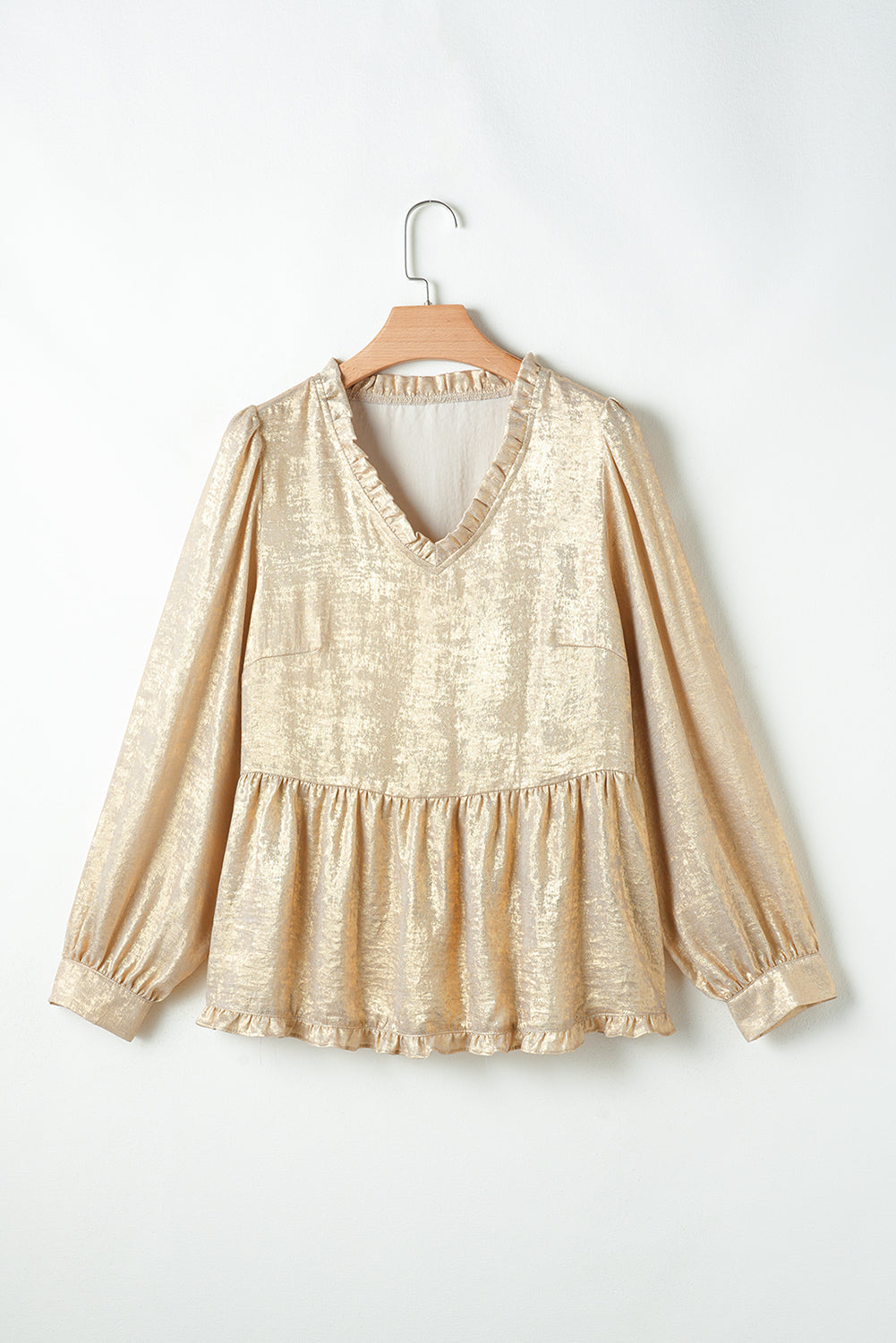 Gold Metallic Velvet Frill V Neck Puff Sleeve Babydoll Blouse