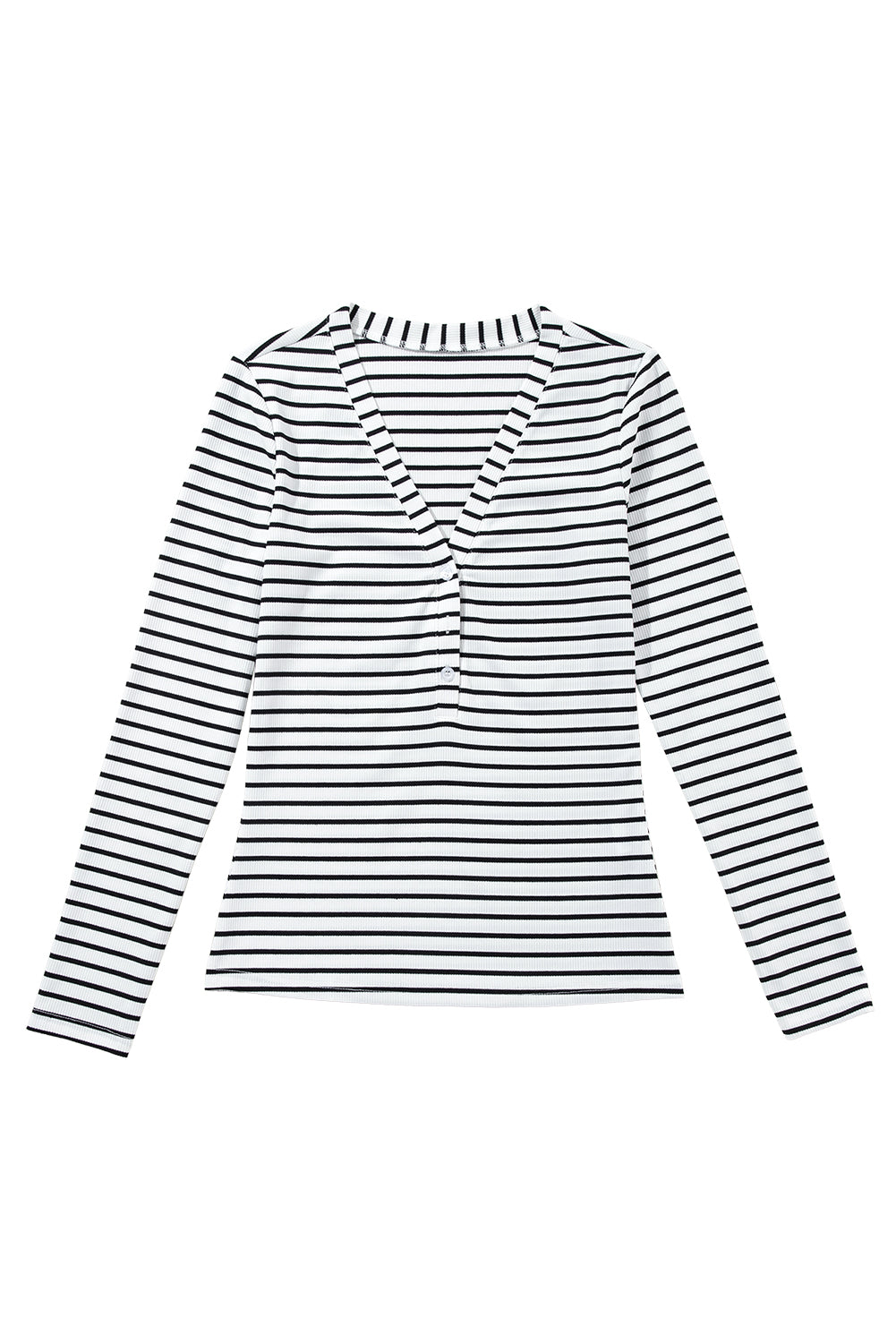 White Stripe Slim Fit Buttoned V Neck Long Sleeve Top