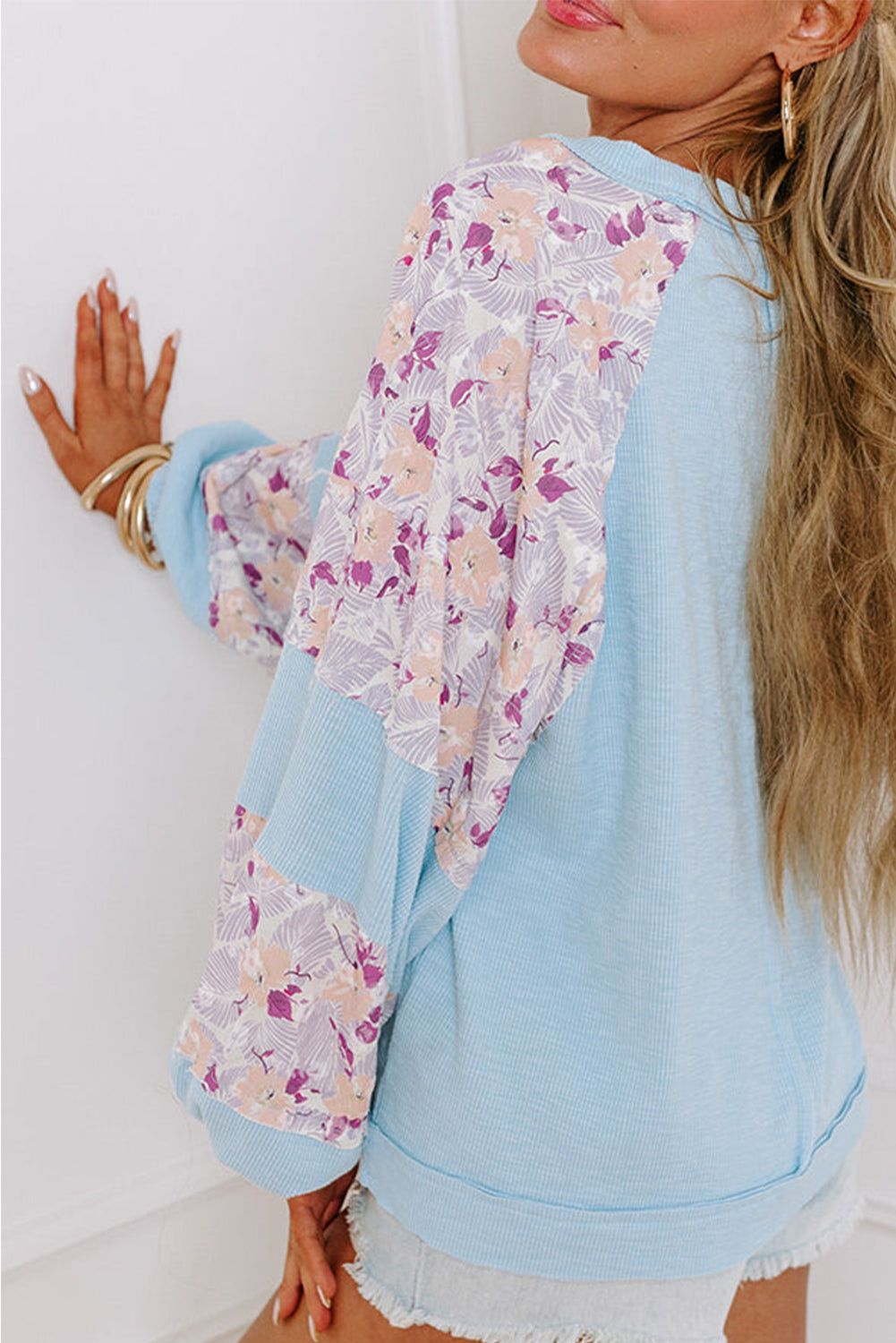 Beau Blue Crinkle Rib Floral Patchwork Balloon Sleeve Top