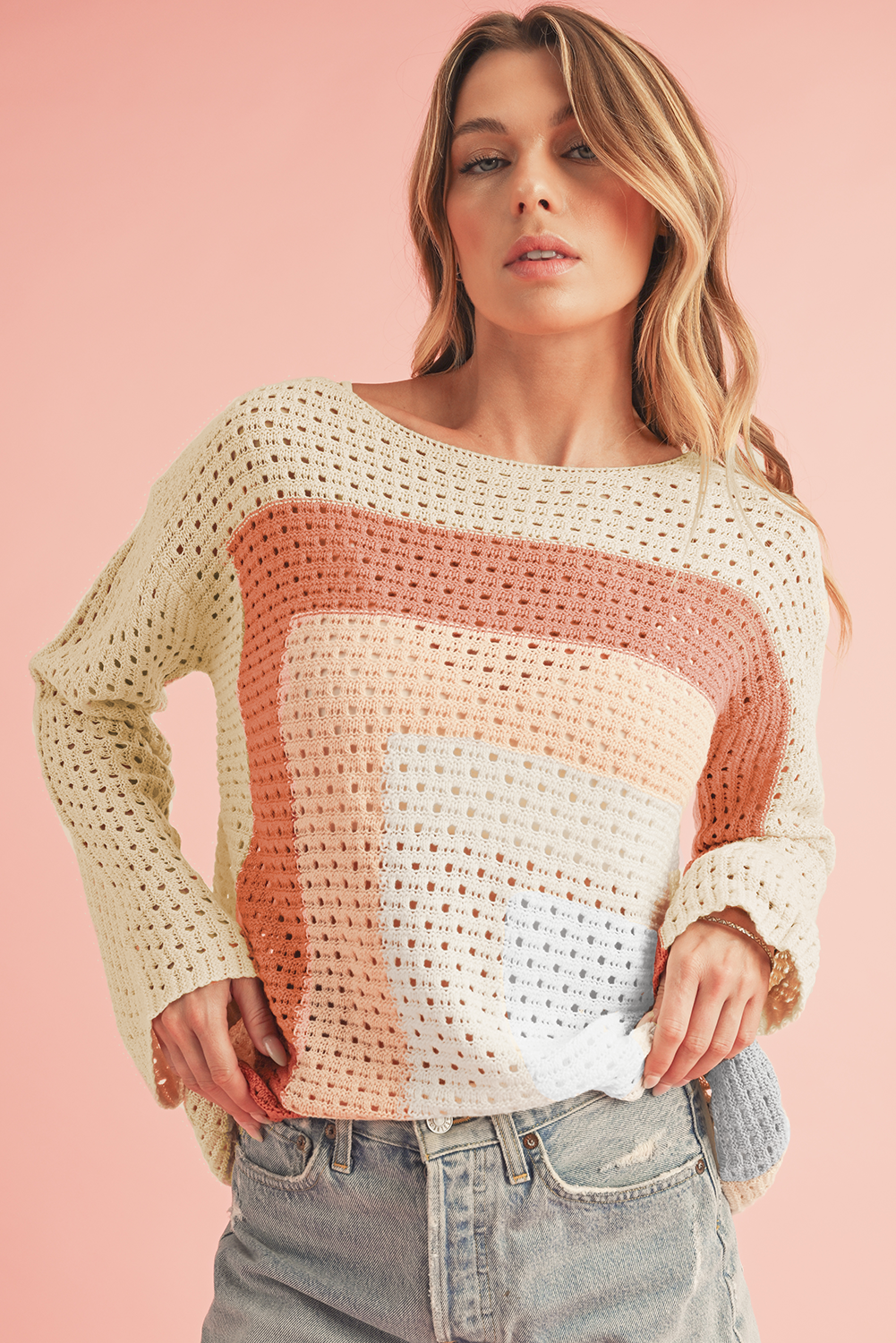 Apricot Pointelle Knit Colorblock Baggy Long Sleeve Top