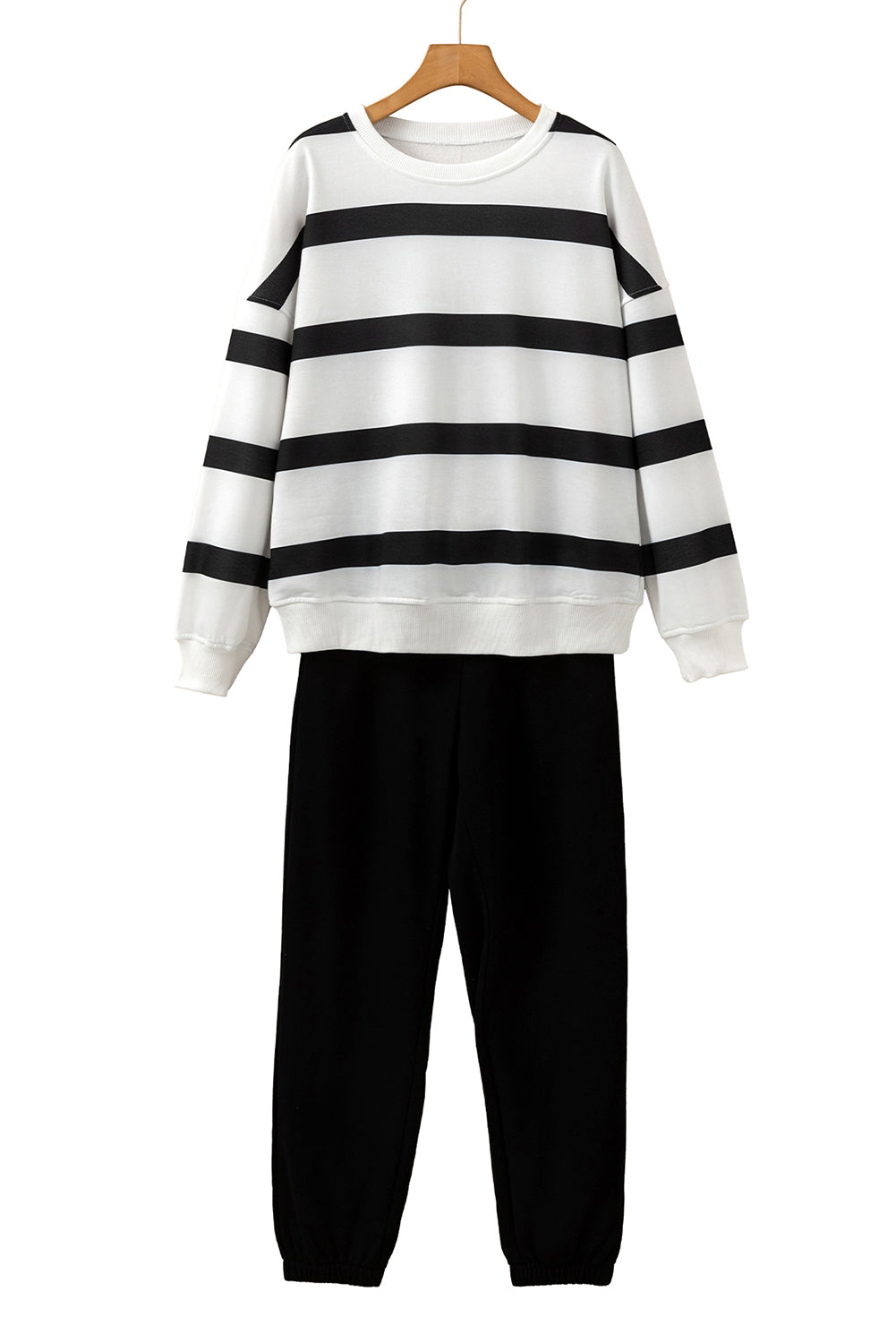 Light French Beige Striped Drop Shoulder Pullover and Joggers Set