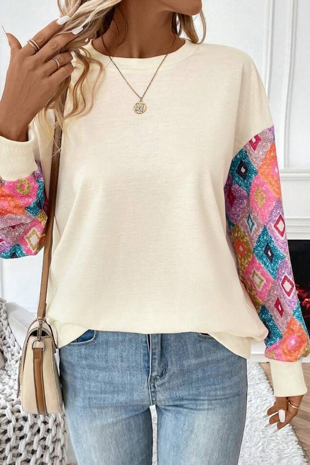 Apricot Ethnic Geometric Patchwork Long Sleeve Round Neck Top